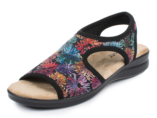 Damen Stretch Sandalette Modell Stretch 05 von Aerosoft mit Blumen Motiv von vorne