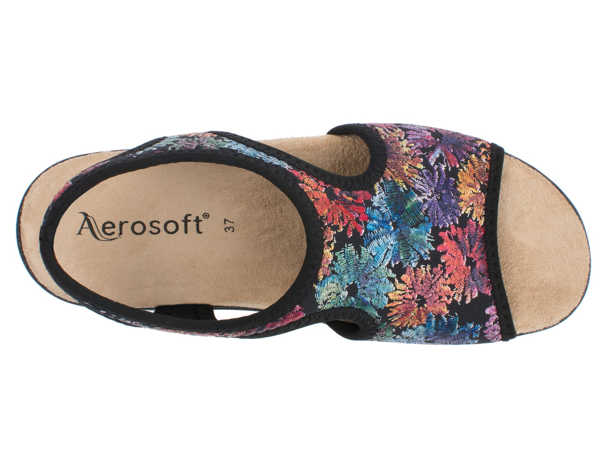Damen Stretch Sandalette Modell Stretch 05 von Aerosoft mit Blumen Motiv von oben