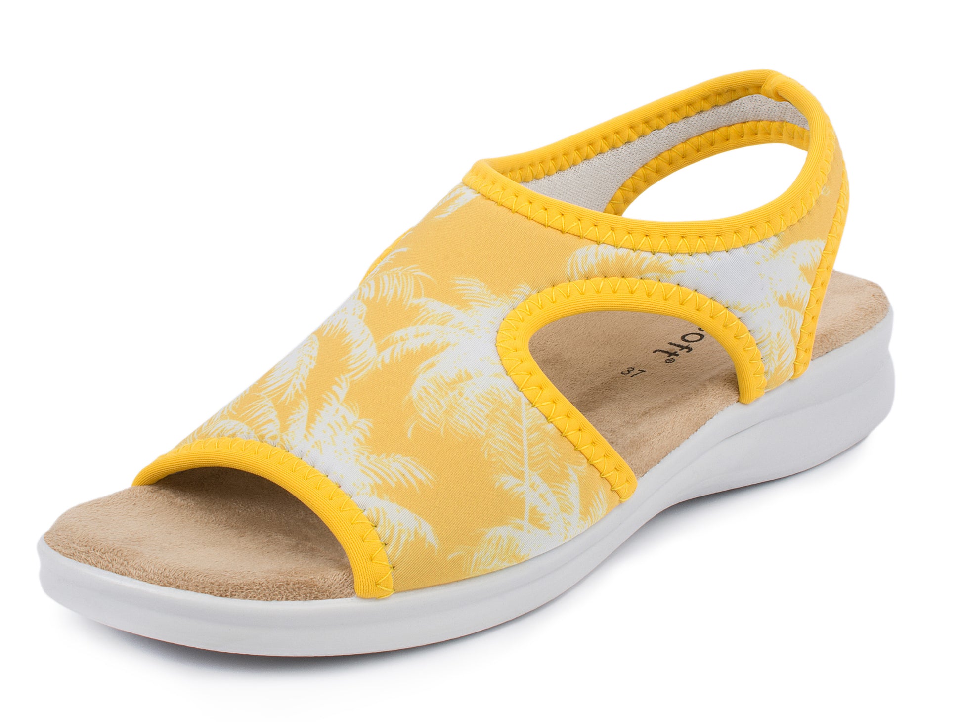 Damen Stretch Sandalette Modell Stretch 05 von Aerosoft in der Farbe Palme gelb von vorne leicht seitlich