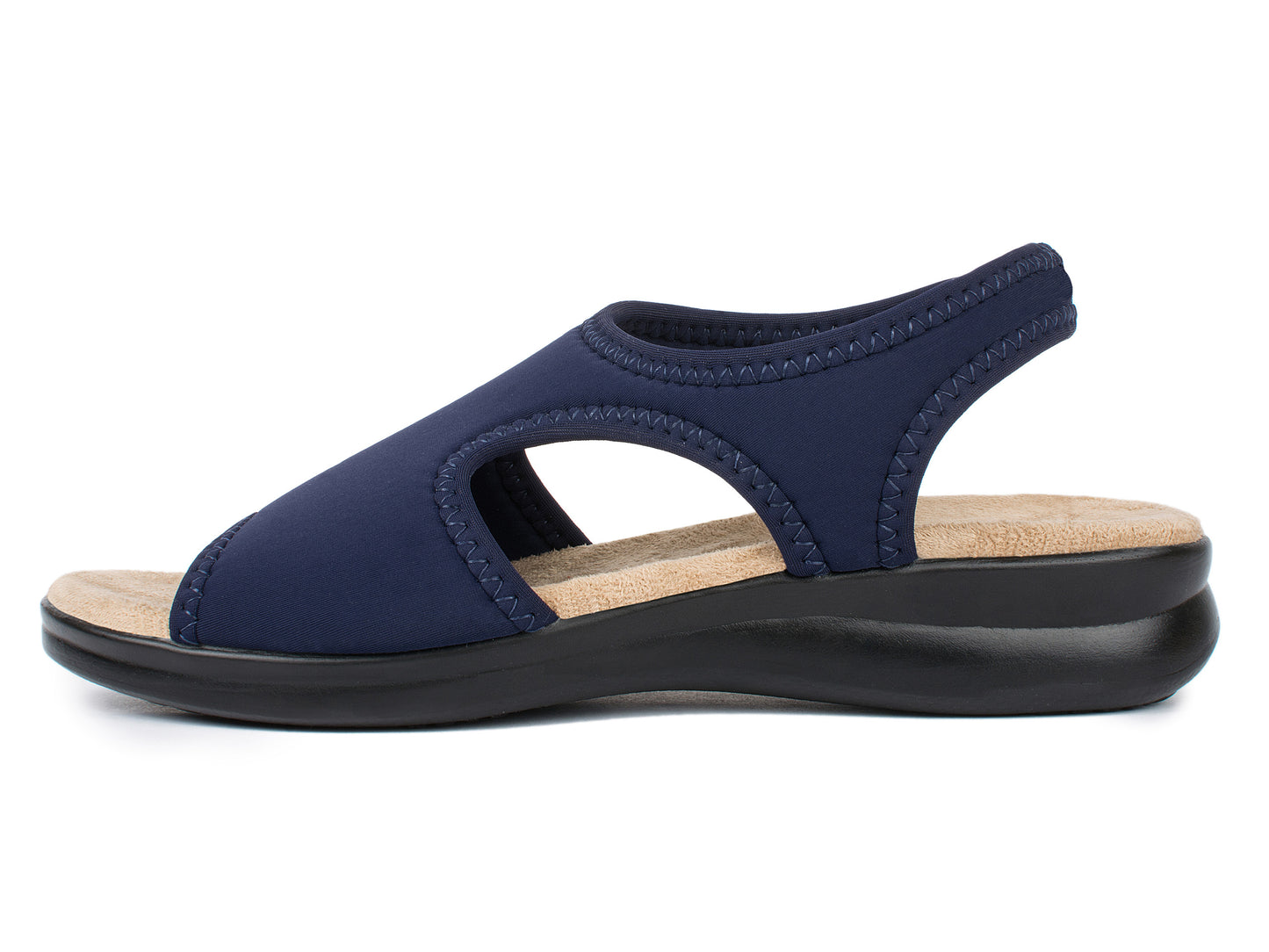 Damen Stretch Sandalette Modell Stretch 05 von Aerosoft in Farbe blau mit der linken Außenseite des Schuhs