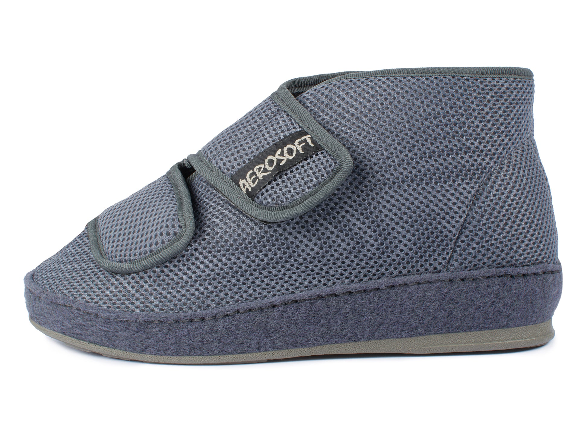 Außenansicht des grauen Aerosoft 6062 Gesundheitsschuhs mit Klettverschluss