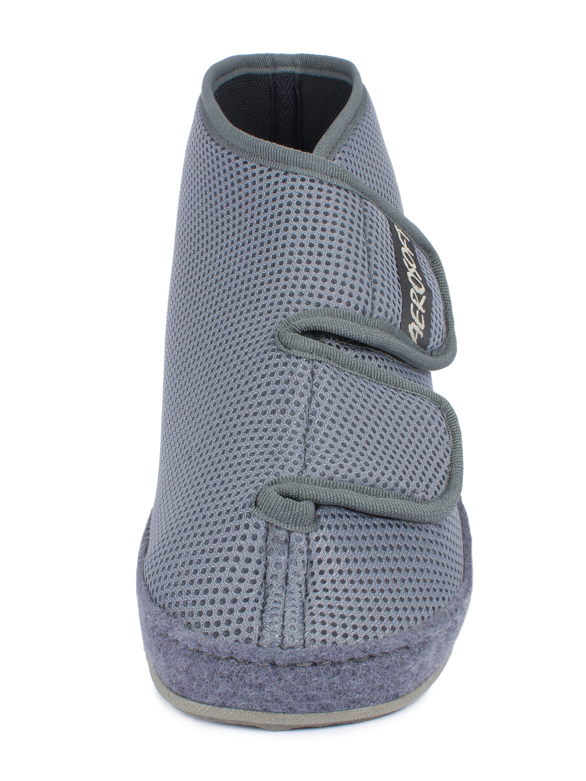 Frontansicht des grauen Aerosoft 6062 druckentlastenden Reha-Schuhs