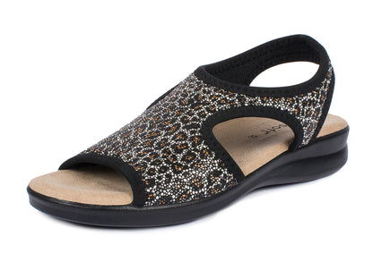 Damen Stretch Sandalette Modell Stretch 05 von Aerosoft in der Farbe Leopard schwarz von vorne leicht seitlich
