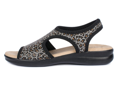Damen Stretch Sandalette Modell Stretch 05 von Aerosoft in der Farbe Leopard schwarz von der Außen-Seite gezeigt