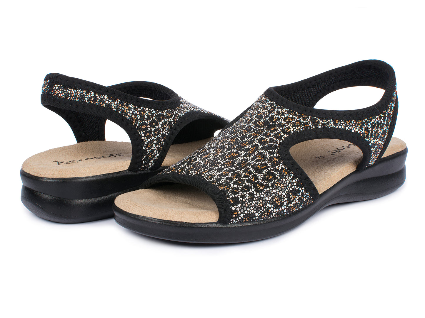 Damen Stretch Sandalette Modell Stretch 05 von Aerosoft in der Farbe Leopard schwarz als Schuh-Paar gezeigt